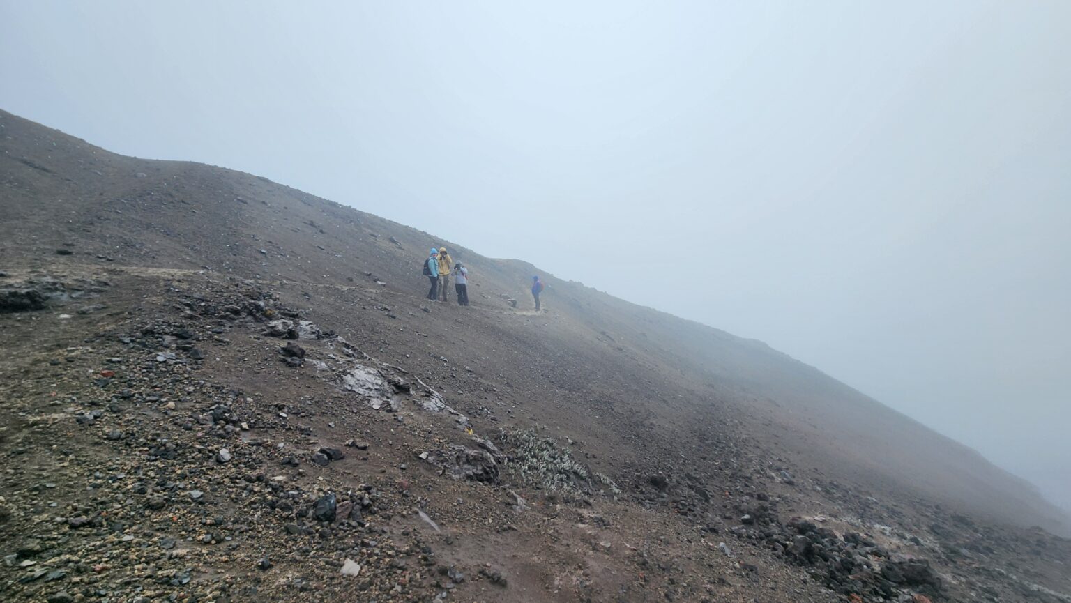 In the distance students can be seen walking a trail on Cotopaxi into the mist