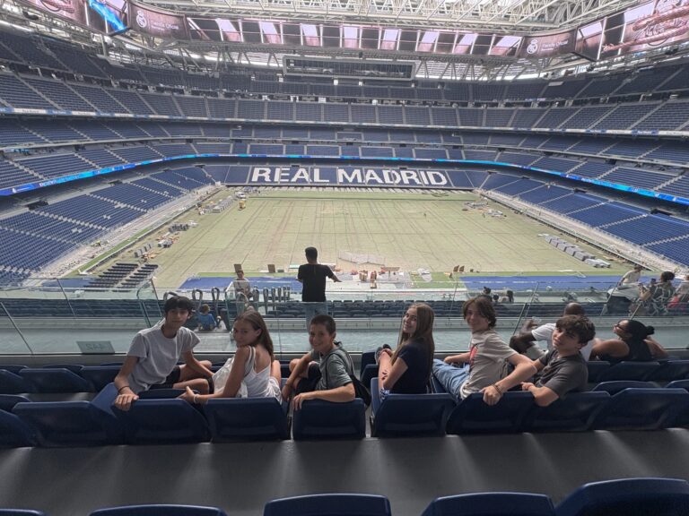 Students sit in a row of seats overlooking a sports stadium